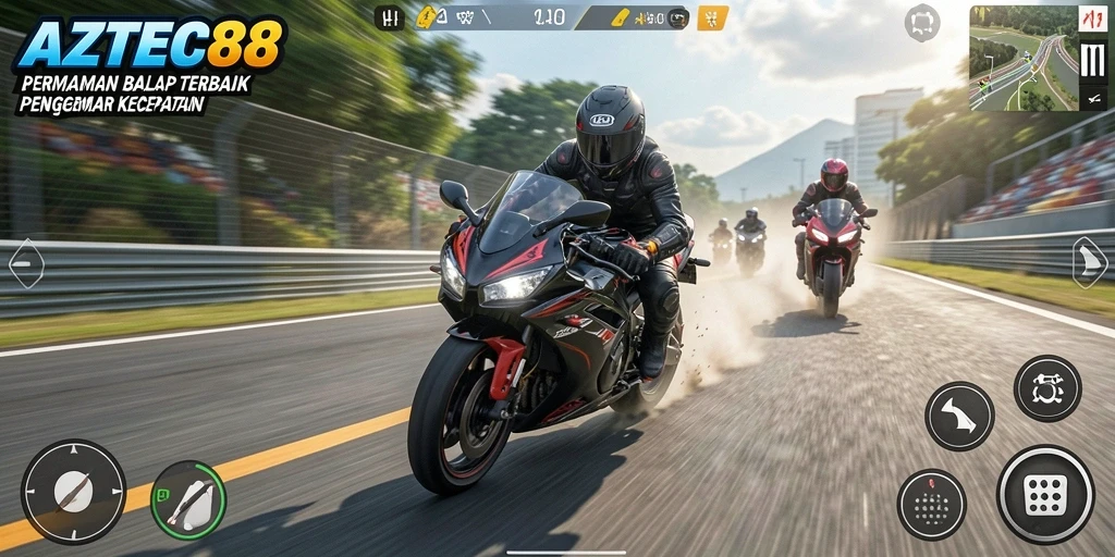 Gameplay seru AZTEC88 dengan balapan motor yang mendebarkan.