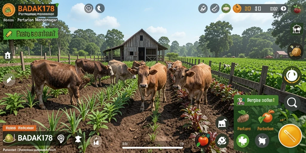 Tampilan gameplay BADAK178 dengan ladang yang subur dan tanaman yang berkembang.