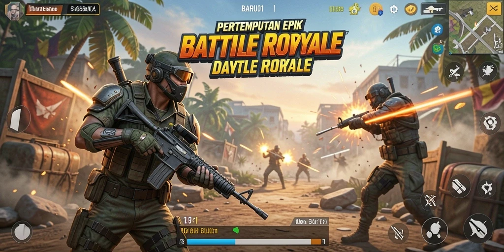 Tampilan gameplay seru dalam BARU01 dengan strategi Battle Royale.
