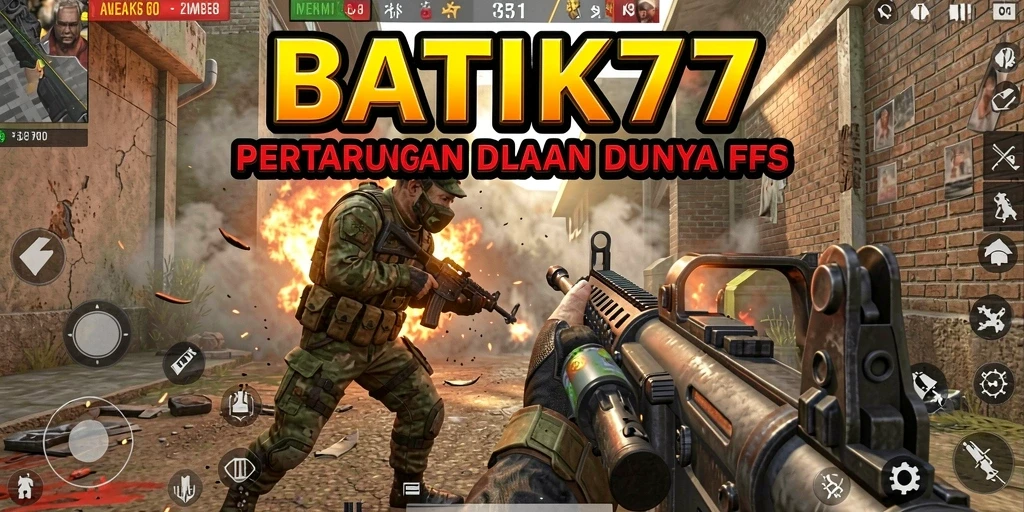 Screenshot menunjukkan aksi intens dalam game FPS BATIK77.