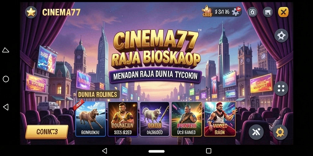 Screenshot CINEMA77 menampilkan bioskop yang penuh pengunjung dan film yang tayang.