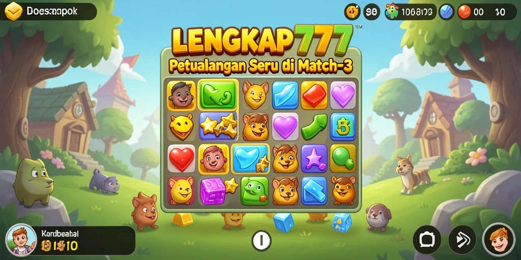 Screenshot gameplay LENGKAP777 menunjukkan aksi Match-3 yang seru.