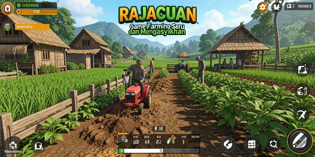 Tangkapan layar gameplay RAJACUAN menampilkan ladang yang subur dan petani bekerja.