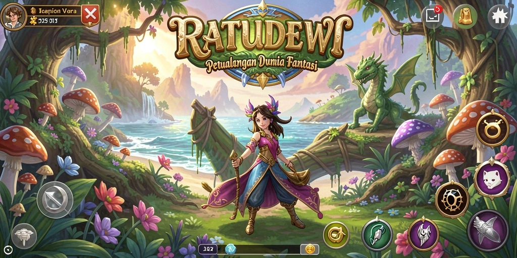 Screenshot gameplay dari RATUDEWI menampilkan pertempuran seru dengan karakter yang berbeda.