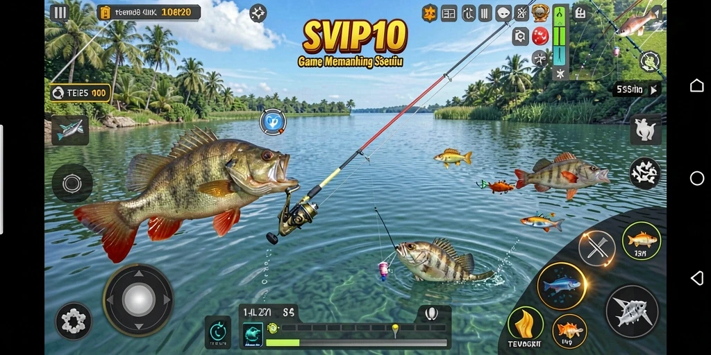 Screenshot gameplay SVIP10 menampilkan aktivitas memancing yang penuh aksi.
