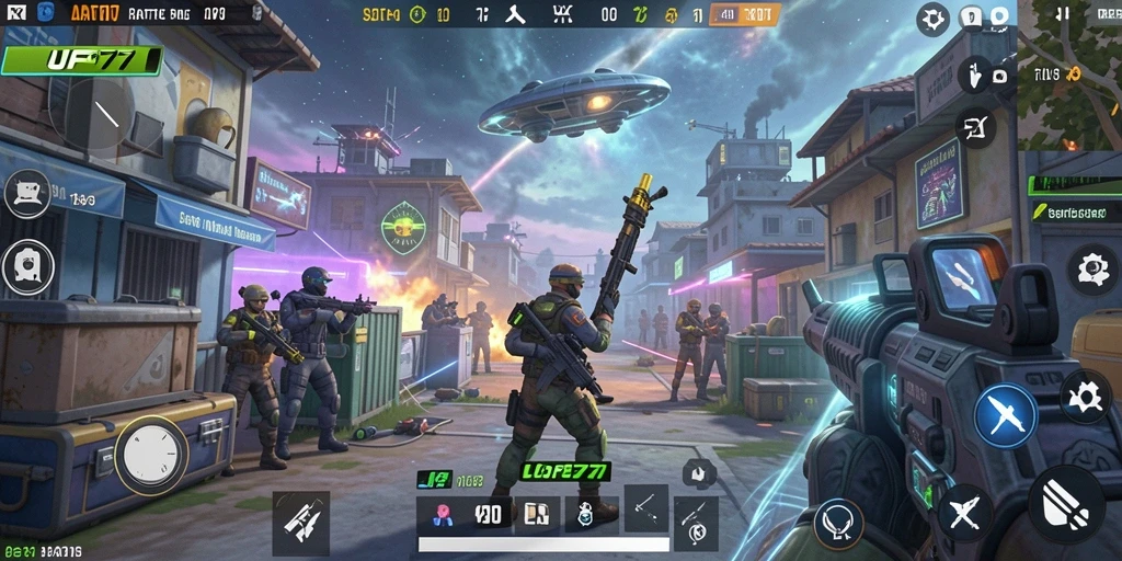 Screenshot utama UFO77 menampilkan aksi seru di tengah pertempuran Battle Royale.
